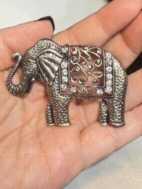 Elephant Brooch Pendant Silver Tone Openwork Lucky Trunk Up